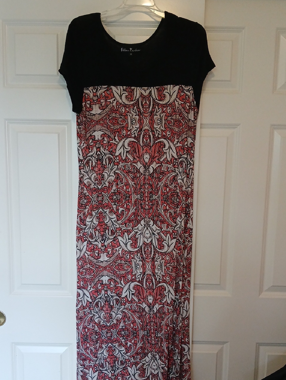Eileen Fisher Black Top with Red and White Patterned Maxi Dress